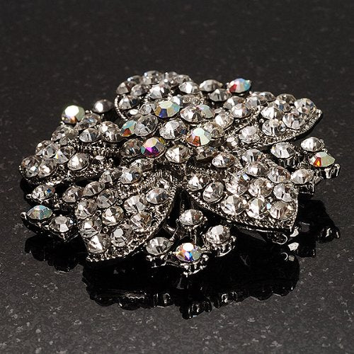 [Australia] - Victorian Corsage Flower Brooch (Silver & Clear Crystals) 