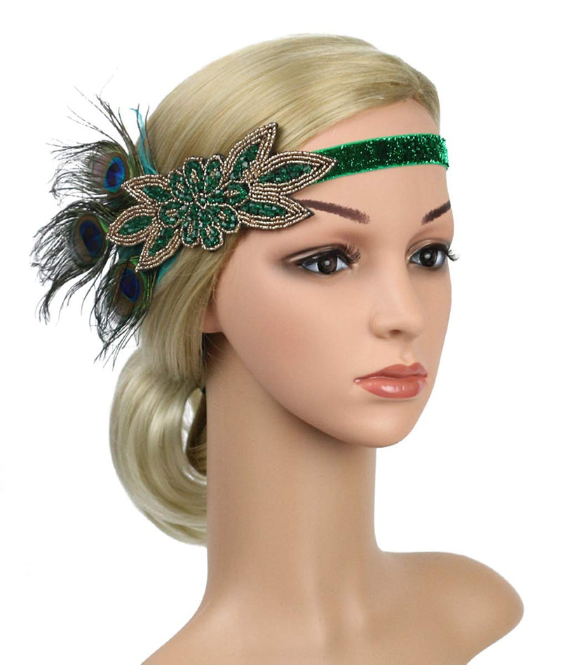 [Australia] - Z&X Vintage 1920s Black Feather Headpiece Gold Beaded Art Deco Flapper Headband 12a Green 