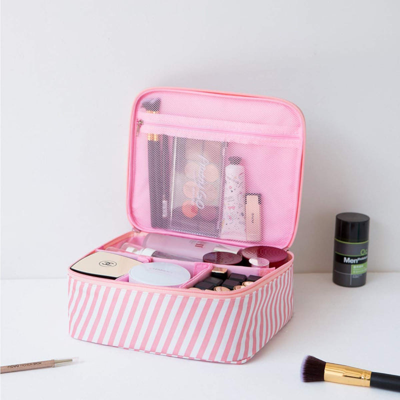 [Australia] - Portable Travel Makeup Cosmetic Bags Makeup Storage Toiletry Bags for Women, Make up organizator with Velcro Dividers , Large Travel Makeup Organizer for Girls Make Up Bag Brush Bags (Pink Stripe) Pink Stripe 