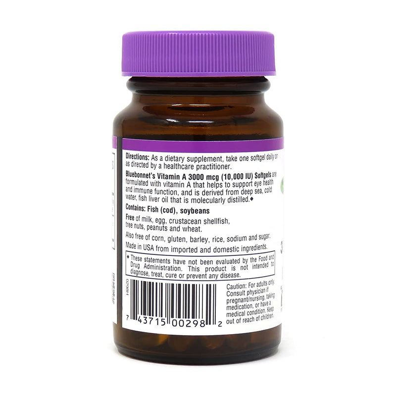 [Australia] - Bluebonnet Nutrition Vitamin A 10,000 IU from Deep Sea, Cold Water, Fish Oil - For Eye Health & Immune Function* - Gluten Free - Dairy Free - Molecularly Distilled - 100 Softgels - 100 Servings 