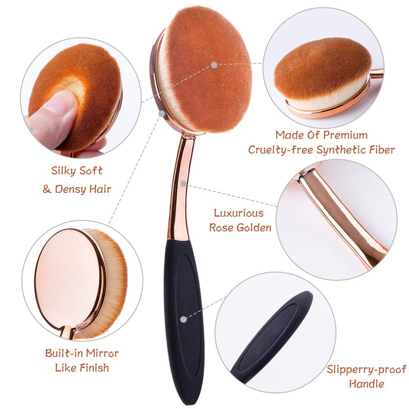 [Australia] - Large Rose Gold Foundation contour Round Toothbrush Dust Free Oval Makeup Brushes with Blending Sponge dustproof cover brush egg cleaner … 