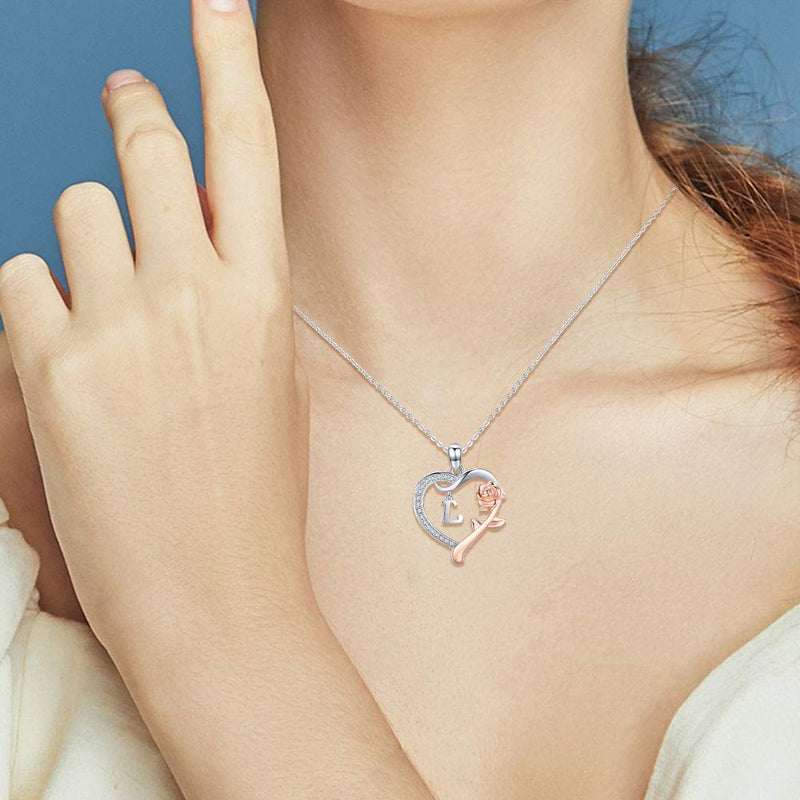 [Australia] - JUSTKIDSTOY Rose Gold Initial Letter Necklaces for Women S925 Sterling Silver Love Heart Letters with Rose Flower Pendant Birthday Jewelry Gifts. L 