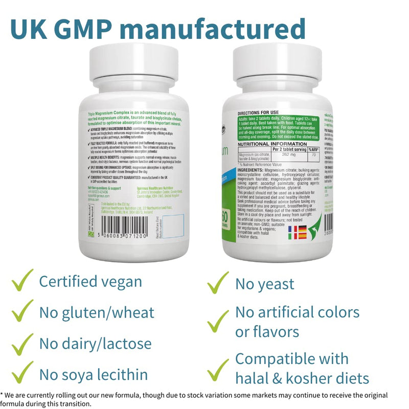 [Australia] - Triple Magnesium Complex, 2000mg Magnesium Citrate, Bisglycinate & Taurate, Providing 262mg Elemental Magnesium, Vegan, 60 Tablets, by Igennus 60 Count (Pack of 1) 