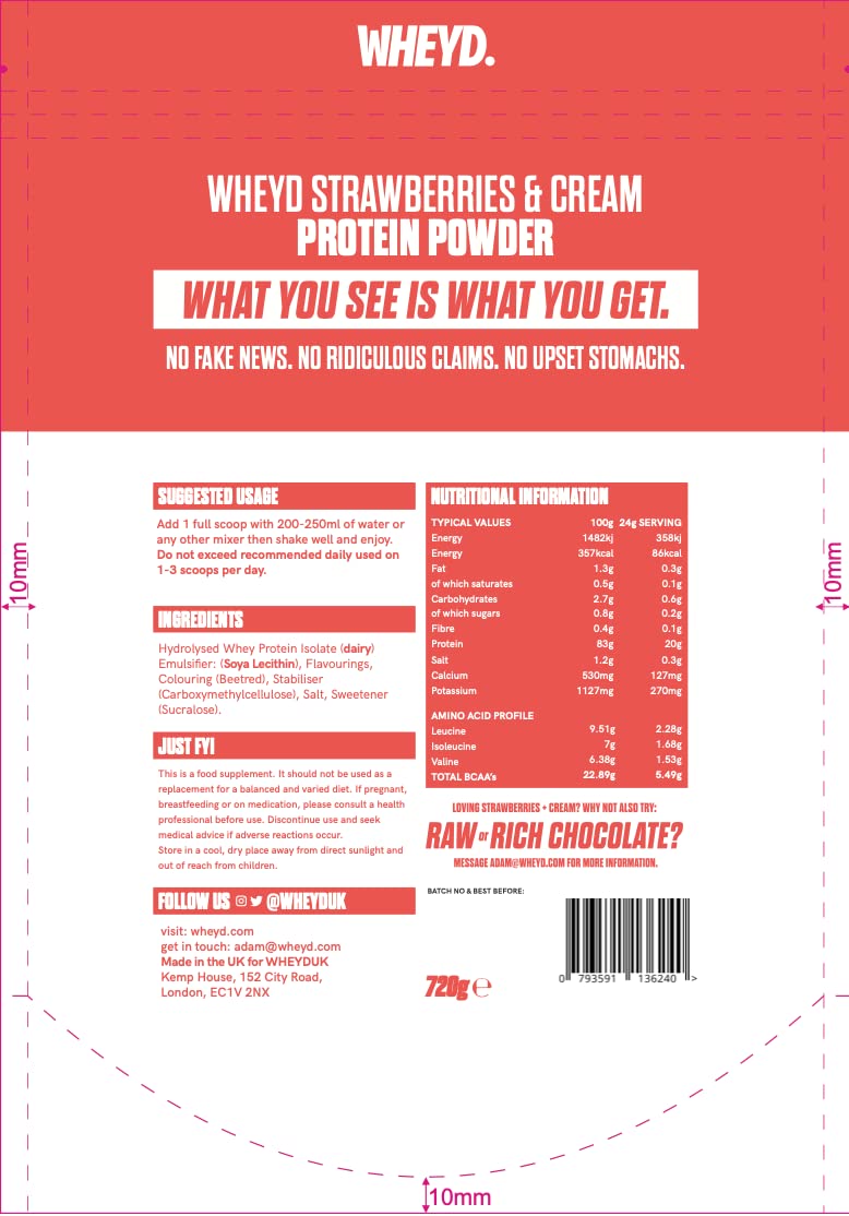 [Australia] - WHEYD Protein Powder - Grass Fed Hydrolysed Whey Isolate - Strawberry & Cream (720g, 30 x 24g Servings, Low Lactose) 24 g (Pack of 30) 