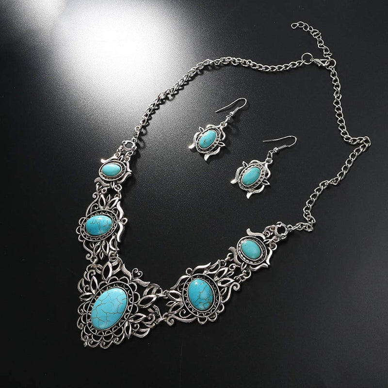 [Australia] - Turquoise Necklace Earrings Sets Bohemian Bib Pendant Costume Jewelry Fashion Geometric Flower Chain for Women and Girls Gift Christmas Thanksgiving 
