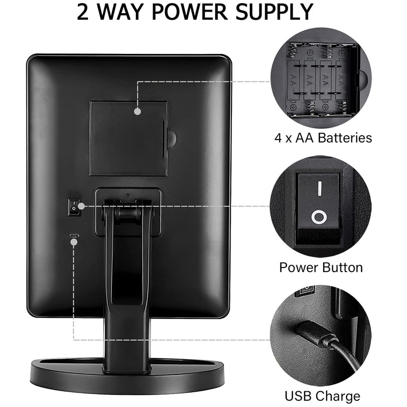 [Australia] - Lighted Vanity Makeup Mirror with 16 Led Lights 180 Degree Free Rotation Touch Screen Adjusted Brightness Battery USB Dual Supply Bathroom Beauty Mirror (Black) Black 