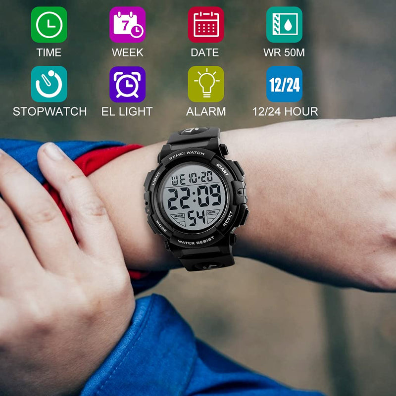 [Australia] - Jianxiang Kids Digital Watch Sport Outdoor Multifunctional Chronograph LED 50 M Waterproof Alarm Calendar Analog Watches for Children for 5-15 Year Old Boys Girls Wristwatch Black 