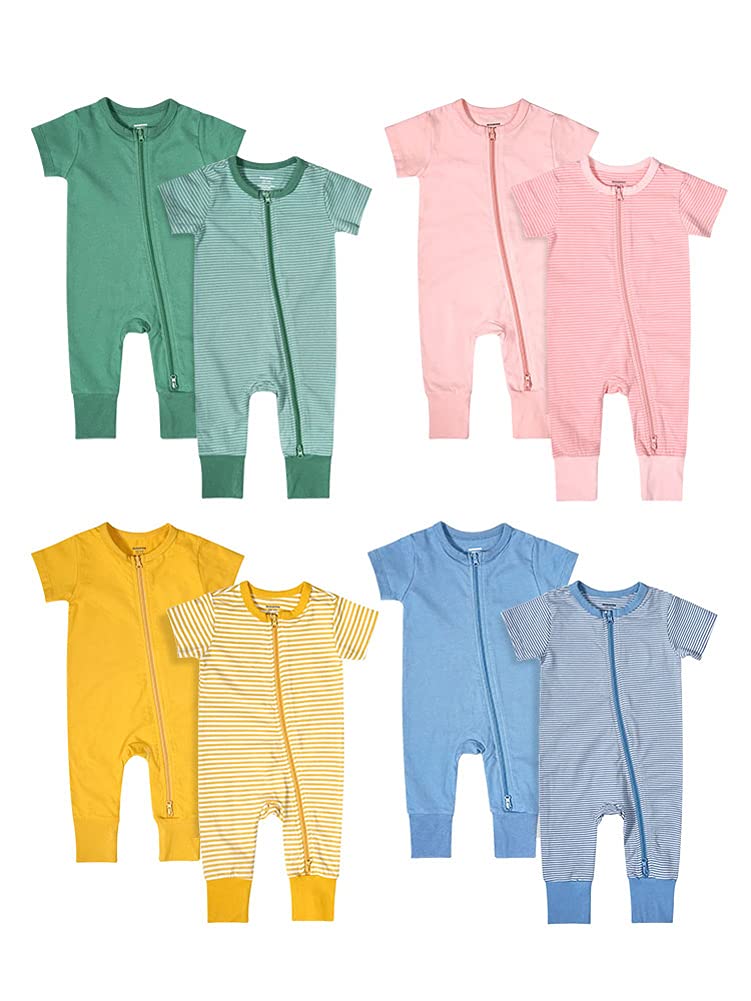 [Australia] - Teach Leanbh Baby Boys Girls 2-Pack Romper Jumpsuits Cotton 2 Way Zipper Short Sleeve Footless Sleep and Play 3-24 Months Pink 3-6 Months 
