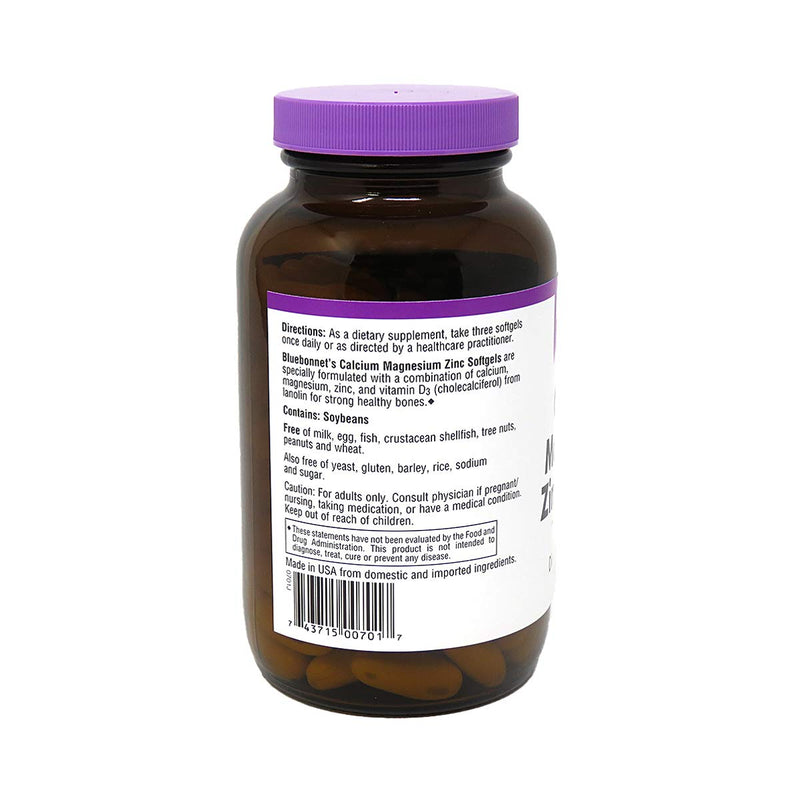 [Australia] - Bluebonnet Nutrition Calcium Magnesium Zinc Plus Vitamin D3, 1000 mg of Calcium, 500 mg of Magnesium and 15 mg of Zinc, 400IU Vitamin D3, For Strong Healthy Bones*, Gluten-Free, Dairy-Fee, 120 softgel 
