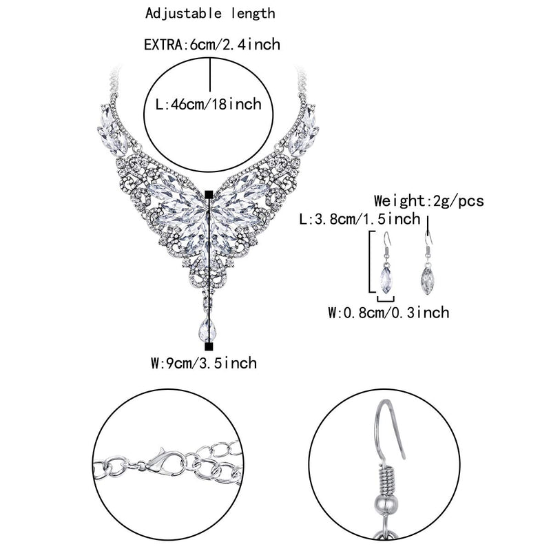 [Australia] - Flyonce Women's Austrian Crystal Boho Flower Teardrop Y-Shape Necklace Hook Earrings Set Clear Silver-Tone 