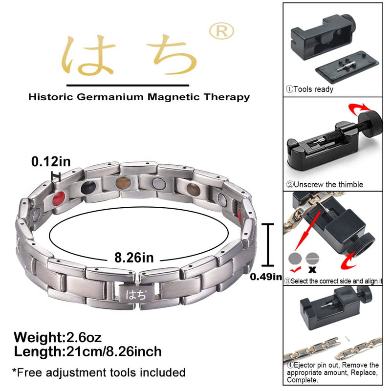 [Australia] - HAQIはち Magnetic Bracelet for Men and Women 5 Element Wristband, Titanium Strong Magnets 3500Gauss Bracelet with Adjustment Tool and Gift Box (Silver) Silver 