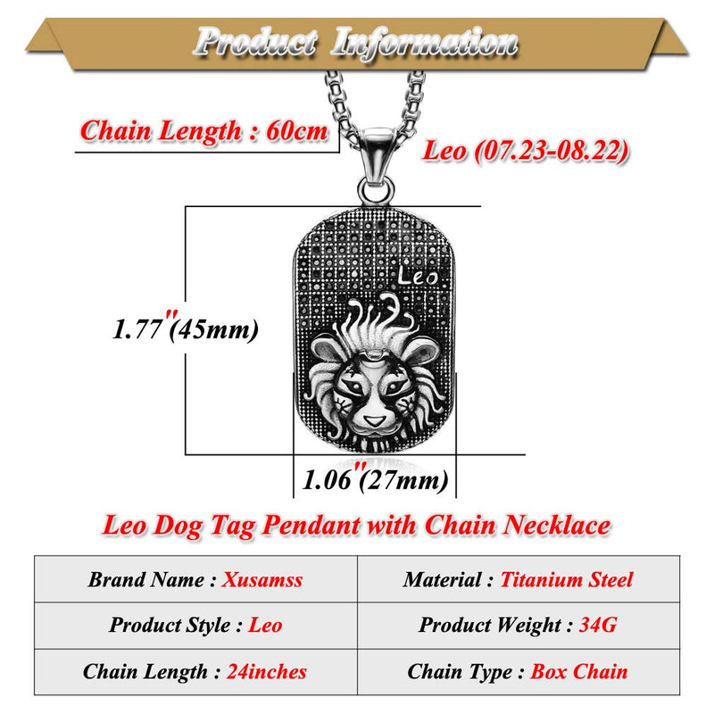 [Australia] - Xusamss Punk Rock Titanium Steel Twelve Constellation Dog Tag Pendant Crystal Necklace,24" Box Chain Leo 