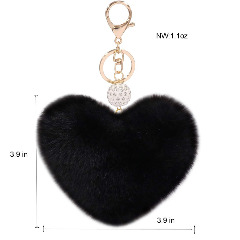 [Australia] - Women's Heart Faux Fur Pom Pom Key Chains Bag Accessory Puffball Keyring Backpack Charms for Girls Black 