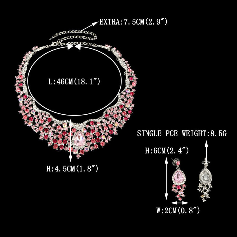 [Australia] - EVER FAITH Women's Austrian Crystal Flower Cluster Teardrop Necklace Earrings Set Pink Silver-Tone 