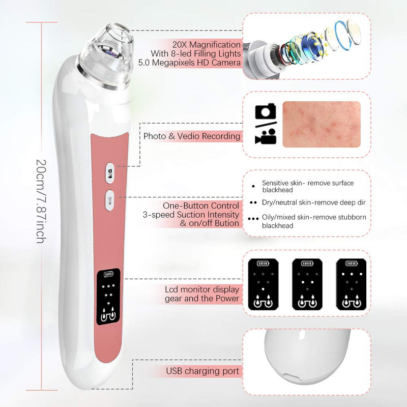 [Australia] - Blackhead Remover Vacuum, Pore Cleaner with Camera 5.0 Megapixels 20X Magnification Acne Comedone Extractor Tool Rechargeable LCD Monitor Display with 3 Adjustable Strength 6 Replaceable Heads Red 
