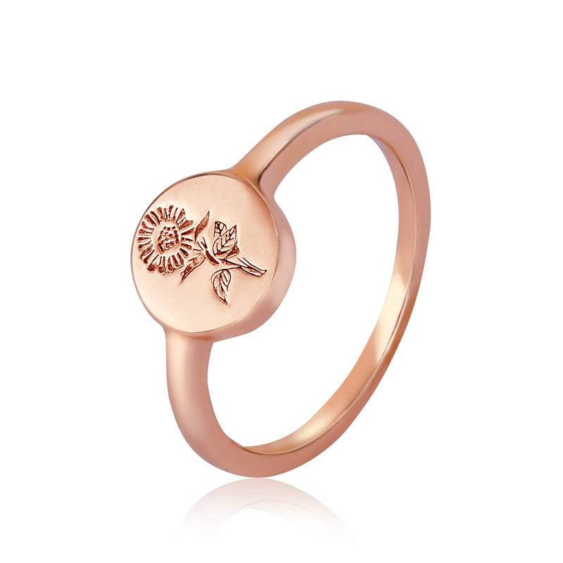 [Australia] - YeGienor Handmade Flower Signet Ring -18K Gold Over 925 Sterling Silver-Minimalistic Statement Ring with Botanical Engraved- Delicate Jewelry Gift for Women/Girls Rose- Gold 5 