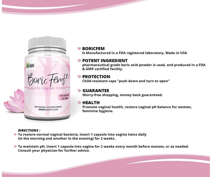 [Australia] - Boric Acid Vaginal Suppositories - 100% Pure Vegetable Capsules - Made in USA - Intimate Health Support (30 Count, 600mg) - Boricfem Helps Support/Maintain Vaginal Health - Easy to Insert 