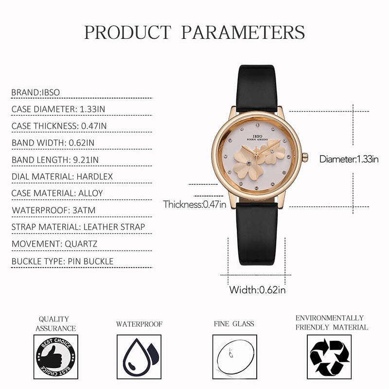 [Australia] - IBSO Watches for Women 4 Leaf Clover with 3D Design Dial Elegant Waterproof Quartz Wristwatch Montre Femme a Nice Gift 8806L Black 