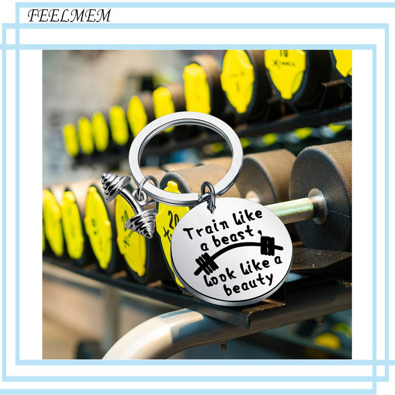 [Australia] - FEELMEM Workout Gift Fitness Gift Train Like a Beast Look Like a Beauty Sports Quotes Bodybuilding Keychain Gift for Bodybuilder Personal Trainer Silver 