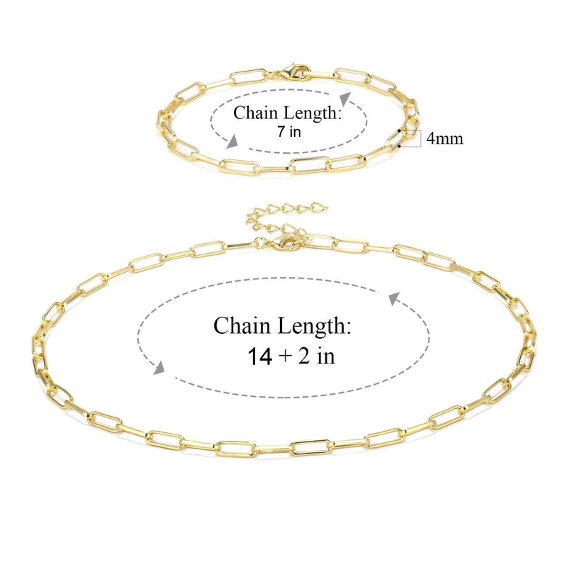 [Australia] - BOUTIQUELOVIN 14K Gold Dainty Paperclip Link Chain Necklace for Women Girls 16.0 Inches 14K Gold Chain Necklace Bracelet Set 