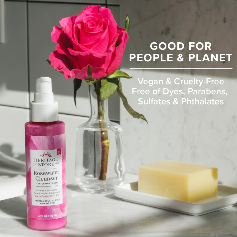 [Australia] - Heritage Store Rosewater Facial Cleanser, pH Balanced Milk Wash Purifes & Nourishes with Squalane & Rose Complex, Dry to Combination Skin Care, 60-Day Money-Back Guarantee, Vegan & Cruelty Free, 4oz 