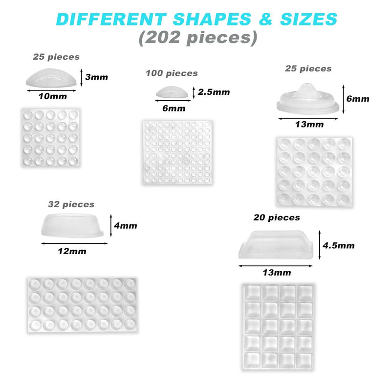 [Australia] - 202 Pcs Combo Pack Clear Adhesive Bumper Pads, Round Spherical Square, Self Adhesive Sound Dampening Transparent Rubber Feet Pads for Cabinet Doors Drawers Glass Tops Picture Frames Cutting Boards 5 Sizes 