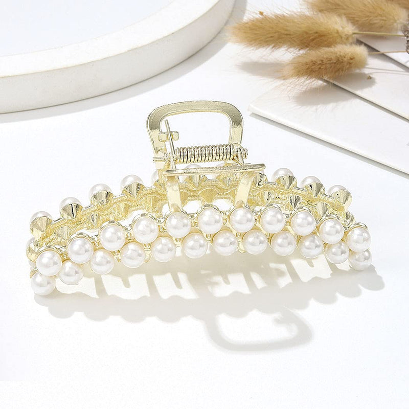 [Australia] - Runmi Hair Claw Clips Pearl Hair Clips Metal Gold Hair Barrette Claw Hair Claw Large Hair Accessories for Women and Girls 