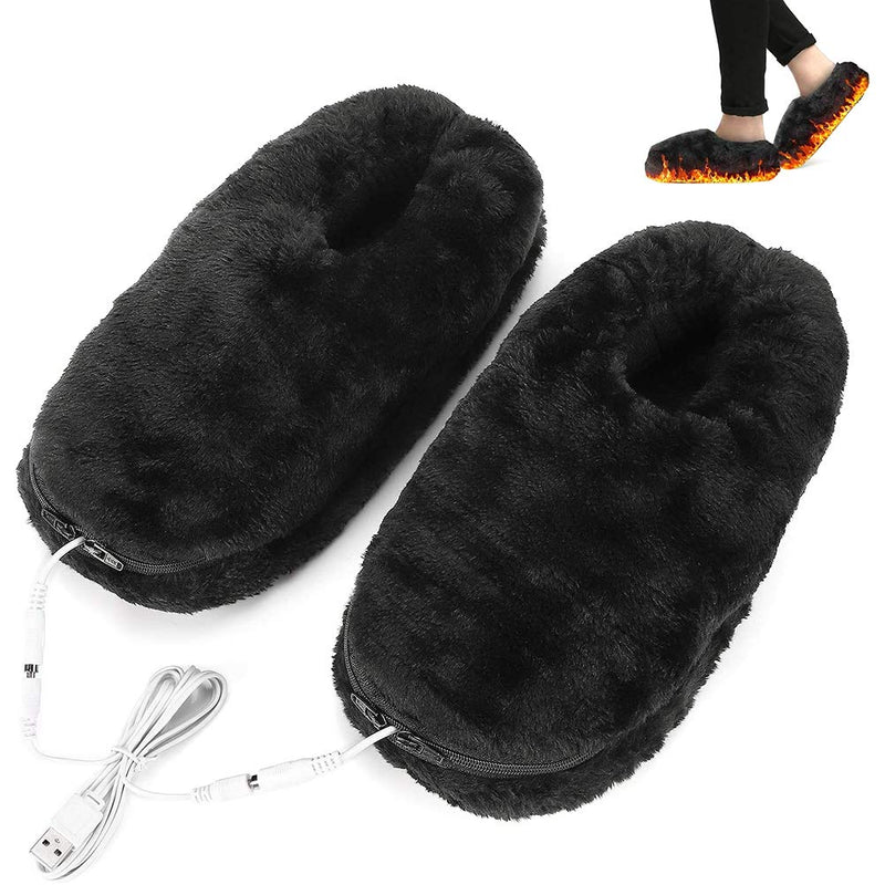 [Australia] - Foot Warmer Electric Heated Shoes, Soft Plush Winter Heating Slippers USB Charging Foot Cushion, Electric Foot Warmers Heating Shoes to Keep Feet Warm - Black 