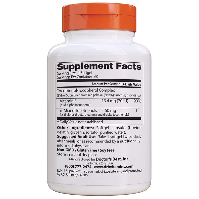 [Australia] - Doctor's Best Tocotrienols contains EVNol SupraBio Full Spectrum Vitamin E Complex, 60 Count 60 Count (Pack of 1) 