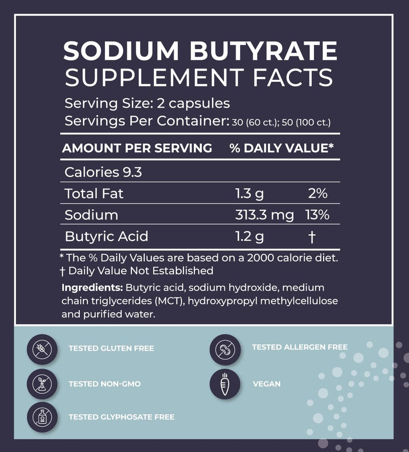 [Australia] - BodyBio POSTBIOTIC - Butyrate Supplement | Butyric Acid + Sodium | Highly Bioavailable | No Fillers | No Additives | Vegetarian-Friendly | 60 Capsules, White 60 Count (Pack of 1) 