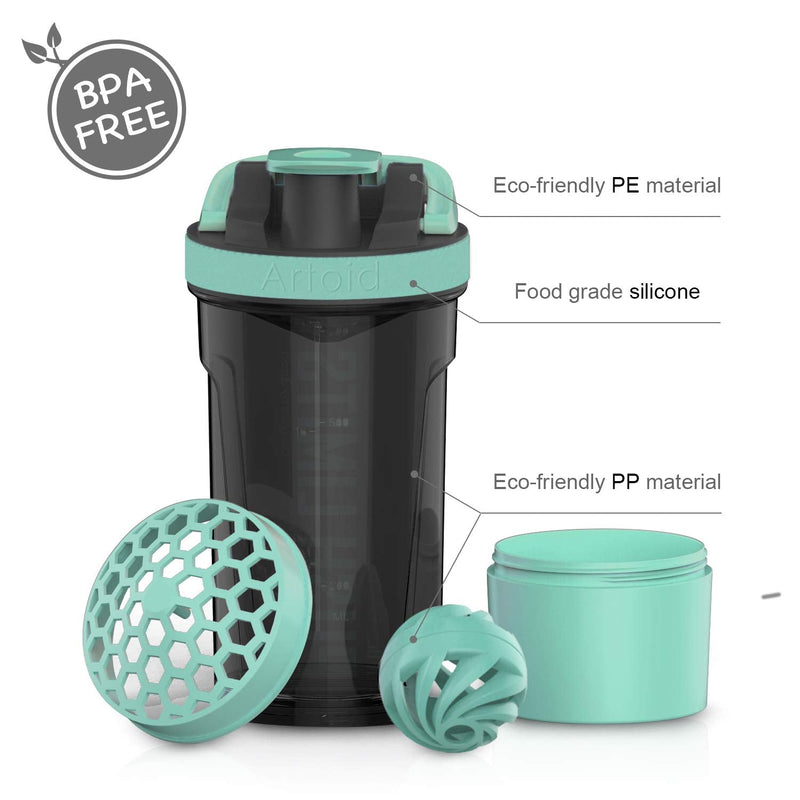 [Australia] - Artoid Mode 720ml Inspirational Sports Fitness Workout Protein Shaker Bottle with Twist and Lock Protein Box Storage, Dual Mixing Technology with Shaker Balls & Mixing Grids - BPA Free Aqua Green/Black 