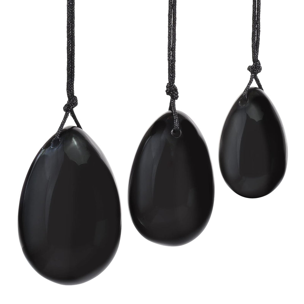 [Australia] - Nupuyai Obsidian Crystal Stone Yoni Eggs Set of 3, Drilled Massage Stone for Women Kegal Exercise Eggs Strengthen Pelvic Floor Muscles #3-black/Obsidian 
