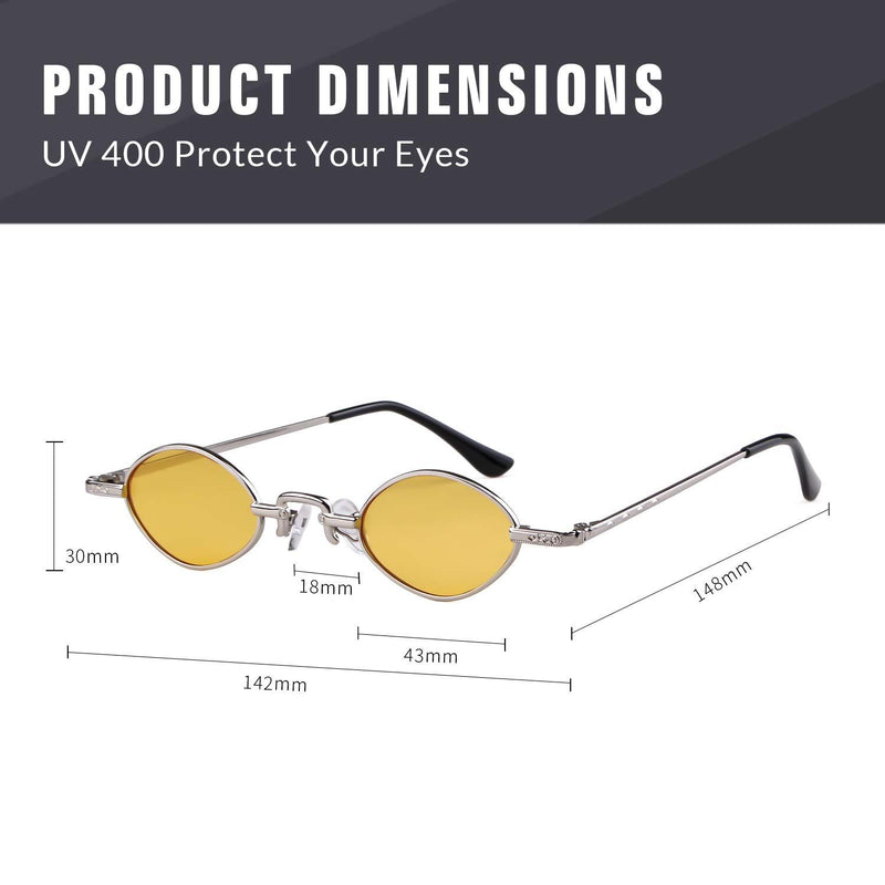 [Australia] - ADEWU Small Oval Sunglasses Retro Vintage Glasses for Women Men Oval - Yellow(lens) + Silver(frame) 