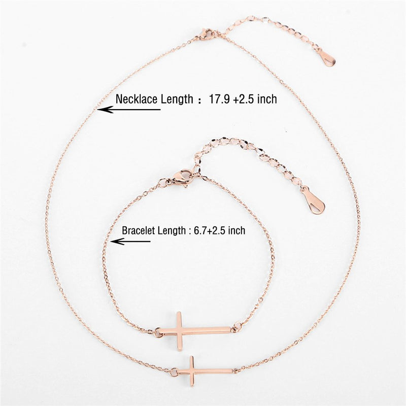 [Australia] - XIAOLI Sideways Cross Necklace Bracelets Set Rose Gold-Tone Silver-Tone 
