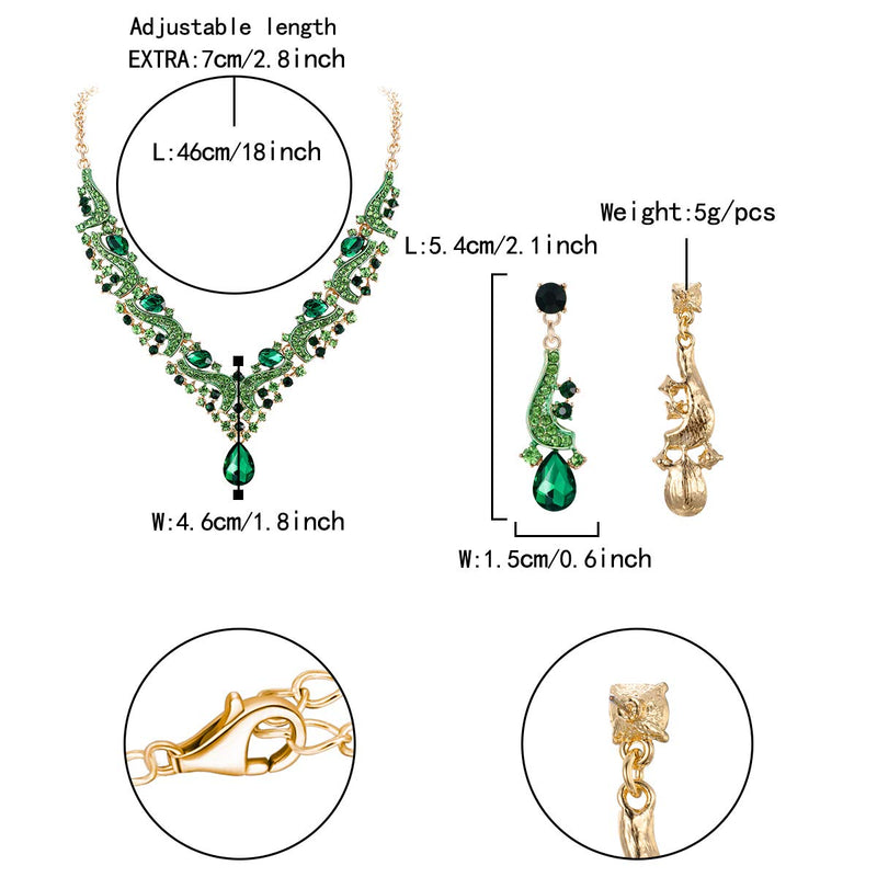 [Australia] - Flyonce Women's Wedding Bridal Rhinestone Crystal Teardrop Statement Necklace Earrings Set Green Gold-Tone 