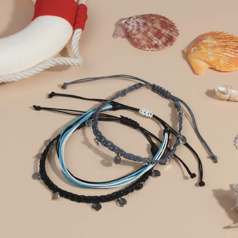 [Australia] - FANCY SHINY String Ankle Bracelets Waterproof Rope Anklets Braided Beach Boho Coin Anklets Cute Friendship Foot Jewelry for Women Teen Girls Black Gray Disc 