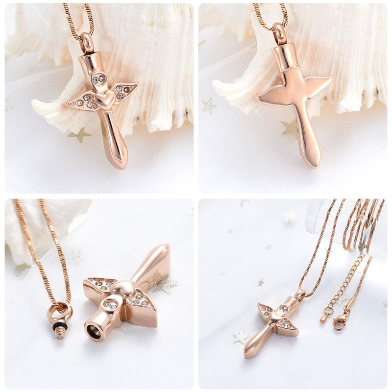 [Australia] - Yinplsmemory Stainless Steel Angel Wings Heart Cross Urn Pendant Necklace Memorial Ash Keepsake Cremation Jewelry Rose gold 