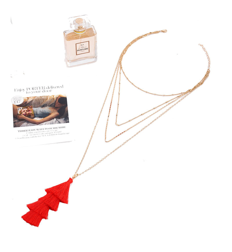 [Australia] - YEYA Long Necklaces for Women Bohemia Thread Tassel Pendant Necklace Layered Choker Necklaces Statement Jewelry for Girls Red 