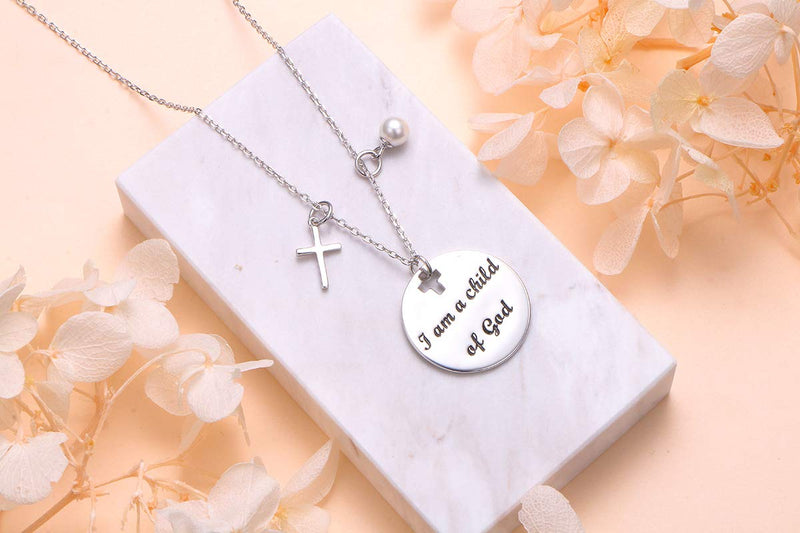 [Australia] - Religious Jewelry 925 Sterling Silver" I Am a Child of God" Laser Engraved Round Plate Necklace with Cross Charm, 18 + 2 inches 