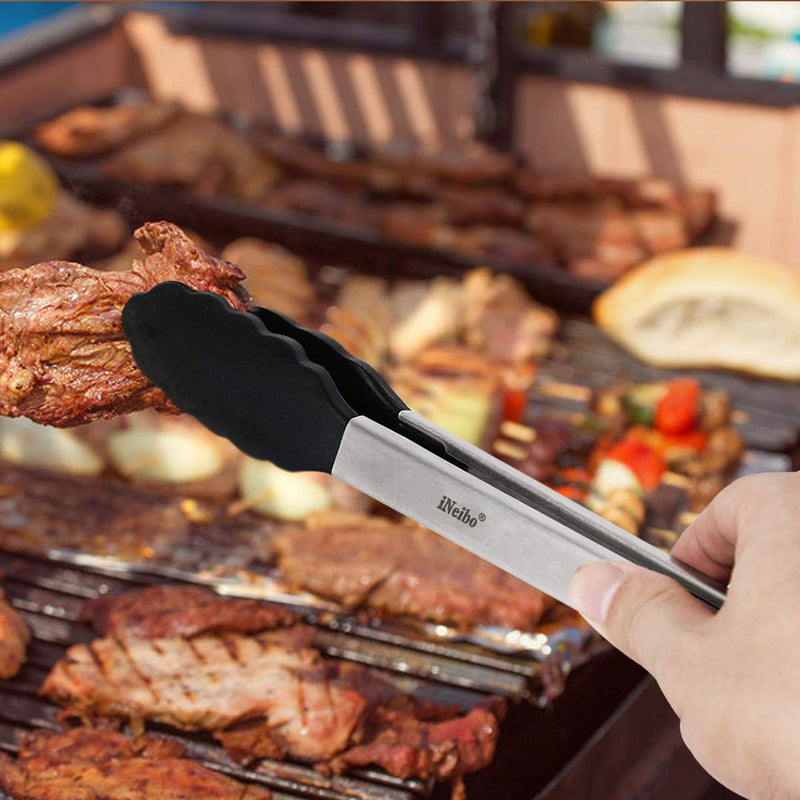 [Australia] - iNeibo Kitchen Tongs - 9'' & 12'' Non-Slip Smart Locking Stainless Steel Cooking Tongs with Silicone Tips for Grilling BBQ Serving Salad Ice (Black) Black 