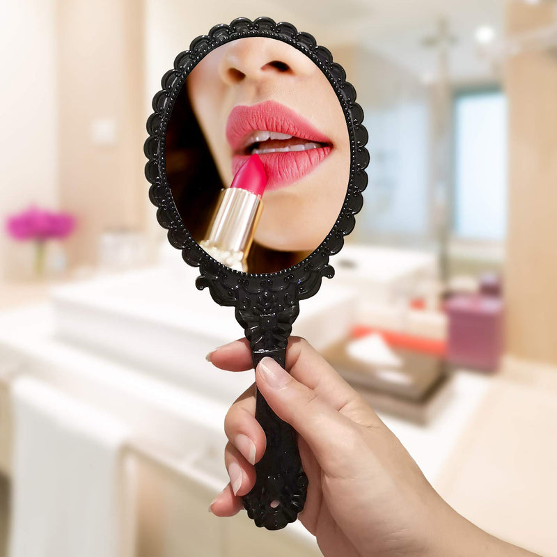 [Australia] - Vintage Handheld Mirror, YUSONG Small Hand Held Decorative Mirrors for Face Makeup Embossed Flower Portable Antique Travel Personal Cosmetic Mirror with Powder Puff (Black) Black 