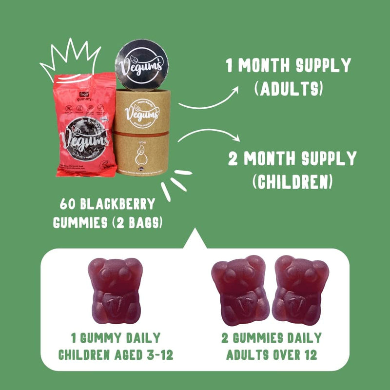 [Australia] - Vegums Iron Gummies | Vegan Friendly Gummy Vitamins | 60 BlackBerry Flavoured Chewable Iron Supplements for All The Family | Suitable for Vegans and Vegetarians 60 Count (Pack of 1) 