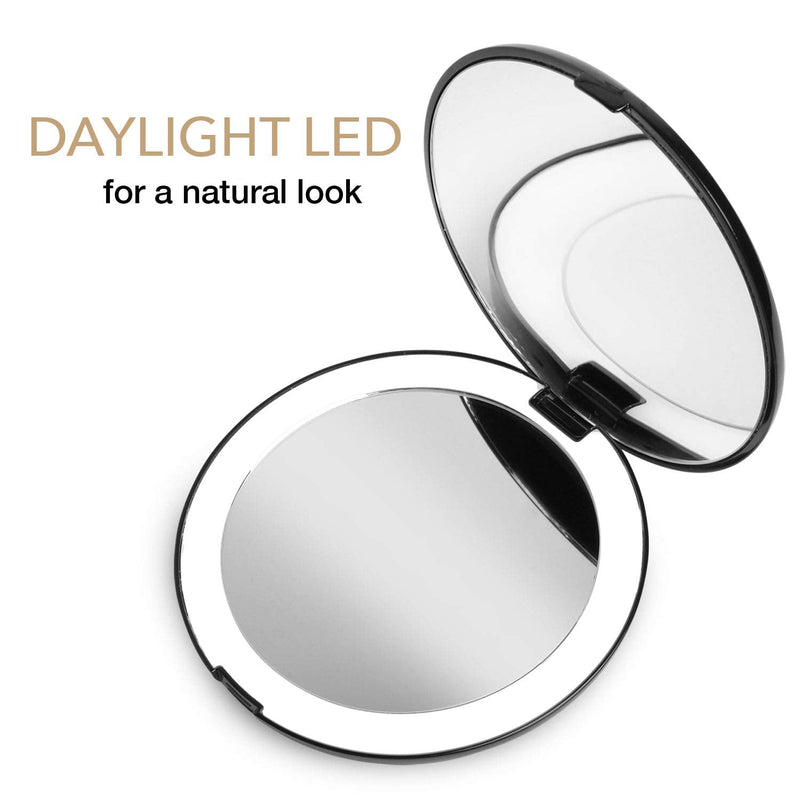 [Australia] - Fancii LED Lighted Travel Makeup Mirror, 1X/10X Magnification - Daylight Led, Compact, Portable, Large 127mm Wide Illuminated Mirror, Black (Lumi) 