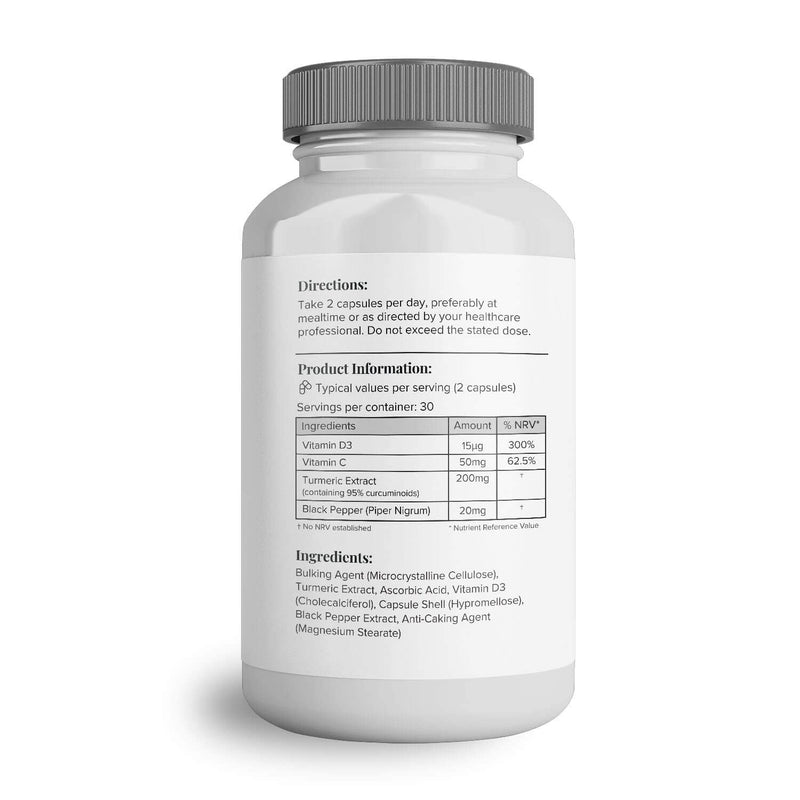 [Australia] - Hey Nutrition Turmeric Extract Complex Vitamin D3 & C, Black Pepper- Support Muscle & Joint Relief, Healthy Bones, Stress, DNA Protection - 60 Capsules - 200mg, Vegan 60 Count (Pack of 1) 
