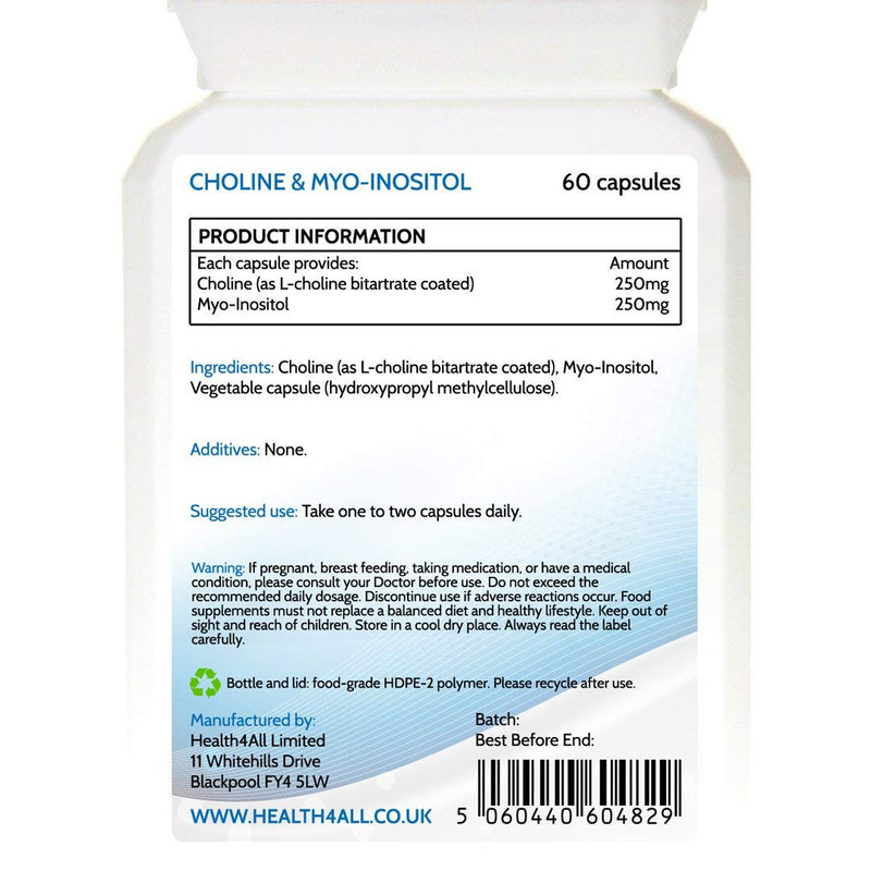 [Australia] - Choline 250 mg & Myo-Inositol 250mg 120 Capsules (V) Purest - Titanium Dioxide Free. Mood, Learning, Memory and Liver Support. Made in The UK by Health4All. 120 Count (Pack of 1) 