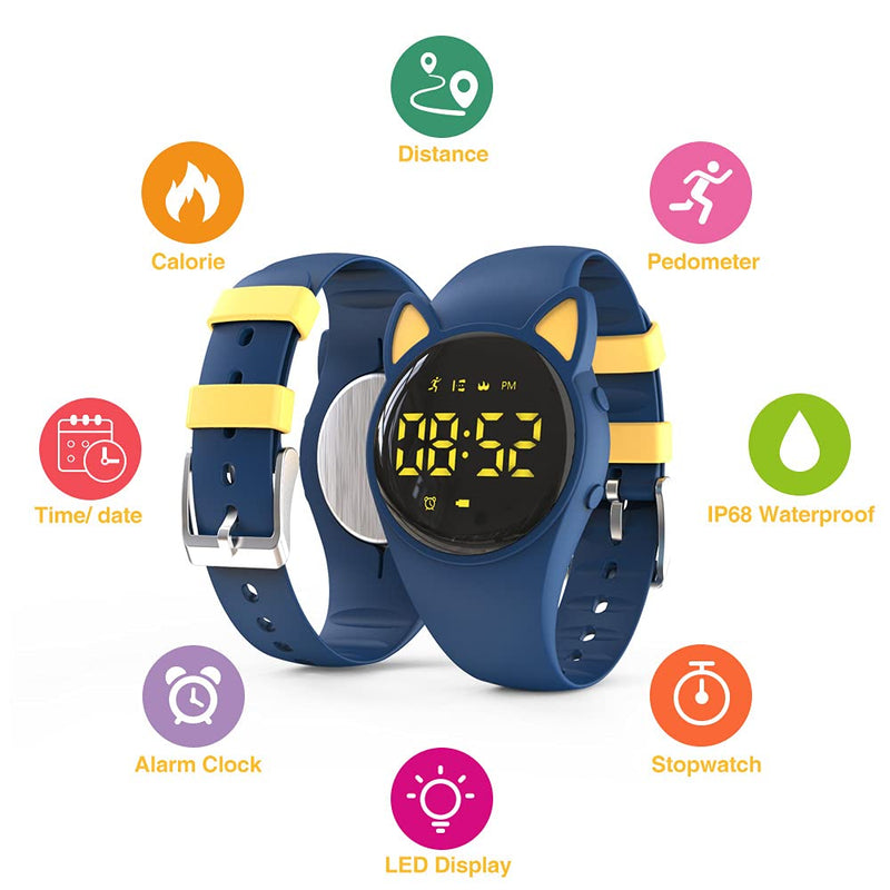 [Australia] - Led Digital Pedometer Watch , Digital Steps Tracker , Non-Bluetooth, Vibrating Alarm Clock, Stopwatch, Great Gift for Children Teens Girls Boys Women Blue/yellow 