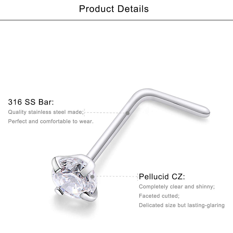 [Australia] - Lcolyoli 20g Nose Rings Studs L Shape Nose Ring Surgical Stainless Steel Nose Rings Hoop Diamond Heart Hypoallergenic Nostril Nose Piercing Jewelry for Women Men 20g, 36pcs 