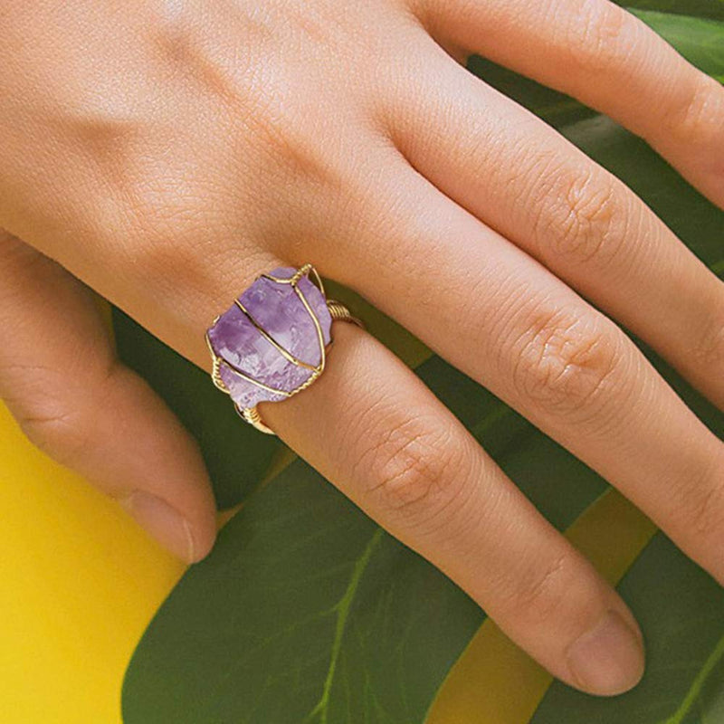 [Australia] - Chakra Crystal Ring Raw Ore Simple Personality Adjustable Metal Meditation Healing Yoga Calm Worry Stone Gift Jewelry Amethyst 