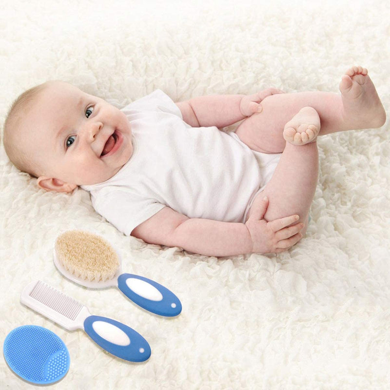 [Australia] - Baby Hair Brush and Comb Set for Newborns & Toddlers | Natural Soft Goat Bristles | with Silicone Cradle Cap Brush | Ideal for Cradle Cap | Perfect Baby Registry Gift (Blue) Blue 