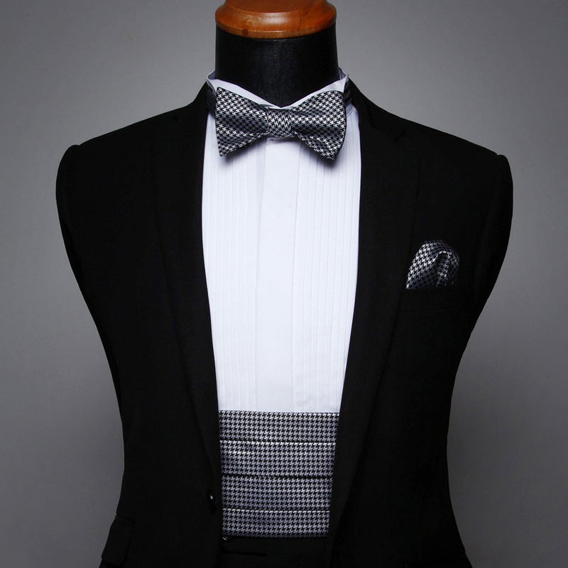 [Australia] - HISDERN men's formal Cummerbund with bow tie and pocket square adjustable suit wedding party suit Silver&black One Size 